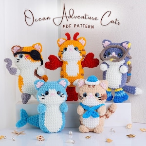 Ocean Adventure Cats Crochet Patterns Bundle, Sailor Cat Pattern, Pirate Captain Cat Pattern, Scuba Cat Pattern, Shark Cat Pattern