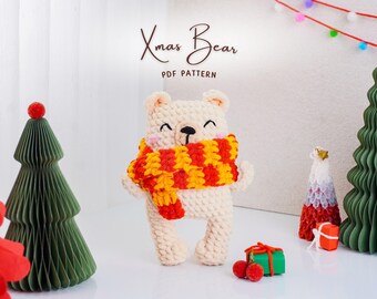 Weihnachtsbär Häkelanleitung, Weihnachtshäkelanleitung, Weihnachtsbär Amigurumi Muster, Häkelbär Weihnachten PDF, süsser Bär Weihnachten Anleitung
