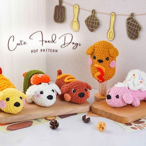 May include: A collection of five crocheted plush dogs shaped like food items, including a shrimp tempura dog, a sushi dog, a hot dog, a corn dog on a stick, and a cupcake dog. The text "Cute Food Dogs PDF PATTERN" is visible in the upper left corner.