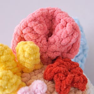 May include: Close-up of a crocheted coral reef sculpture with pink, yellow, red, and blue yarn. The coral is made with a textured, fluffy yarn.