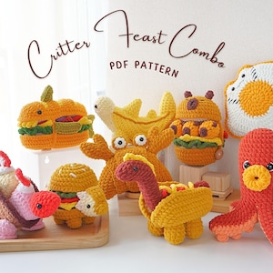 Critter Feast コンボ、動物の食べ物のかぎ針編みパターン、かぎ針編みの生き物コンボ、あみぐるみのかぎ針編みの生き物の饗宴、かぎ針編みの生き物の饗宴のチュートリアル
