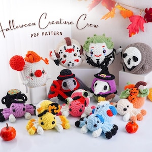 Könnte beinhalten: Eine Sammlung handgefertigter Halloween-Kreaturen aus Häkelarbeit, darunter ein Clown, Jason Voorhees, Beetlejuice, ein Sensenmann und Spinnen. Der Text "Halloween Creature Crew PDF Pattern" ist oben zu sehen.