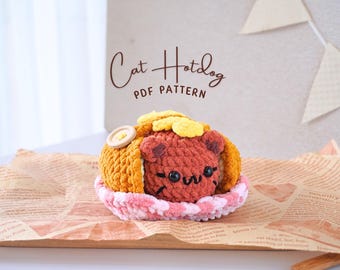 Kat hotdog haakpatroon, kat haakpatroon, amigurumi haakpatronen, hotdog haakpatroon, fastfood haakpatroon, haakpatroon kat