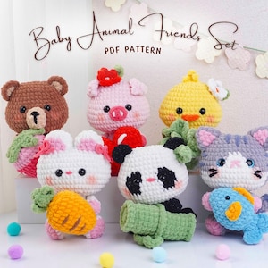 Baby Animal Friends Haakpatronenbundel, Varkenspatroon, Kattenpatroon, Pandapatroon, Konijntjespatroon, Berenpatroon, Eendpatroon, Pdf-patroon