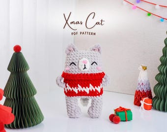 Modèle au crochet chat de Noël, motifs au crochet de Noël, motif Amigurumi chat de Noël, PDF de Noël chat au crochet, tutoriel de Noël chat mignon
