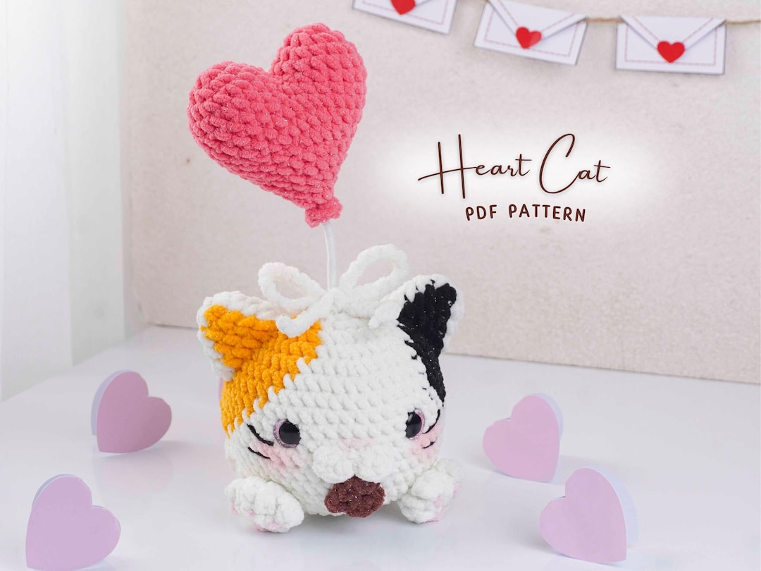 Heart Cat Crochet Pattern, Valentine Crochet Patterns, Heart Cat Plush ...