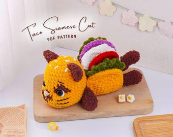 Patrón de crochet de gato siamés con forma de taco, amigurumi de gato con temática gastronómica, diseño de peluche de gatito con temática gastronómica, tutorial de peluche de animal DIY, PDF digital