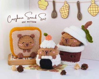 Capybara Snack Crochet Pattern Bundle, Capybara Milk Tea Pattern, Capybara Onigiri Pattern, Capybara Sandwich Pattern, Digital PDF Pattern