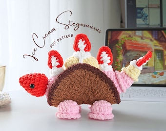 Patrón de dinosaurio a crochet, patrón de estegosaurio a crochet con helado, estegosaurio a crochet, patrones de amigurumi a crochet