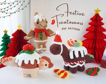 Festive Treatosaurs Crochet Pattern Bundle, Dinosaur Crochet Pattern Bundle, Amigurumi Crochet Patterns