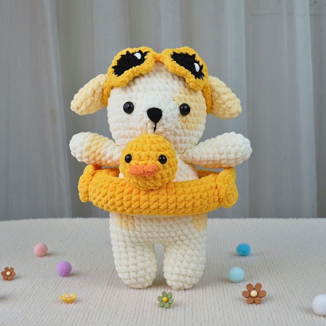 アヒルの浮き輪の犬のあみぐるみ編み図、ぬいぐるみの動物編み図