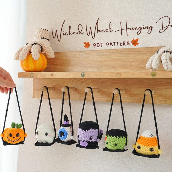 Hangende Halloween-haakpatronen, Frankenstein-patroon, Haakpatroon Maïs, Oogpatroon, Spookpatroon, Pompoenpatroon, Vampierpatroon