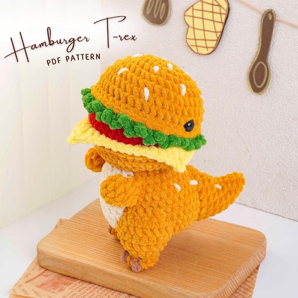 Hamburger T Rex haakpatroon, patroon dinosaurus amigurumi, op voedsel geïnspireerd gehaakt dier, ontwerp pluche dinosaurus, digitale pdf-patroon