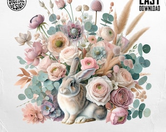 Floral rabbit png, bunny png, floral clipart, cottagecore sublimation, digital download, rabbit clipart, flower png, digital png