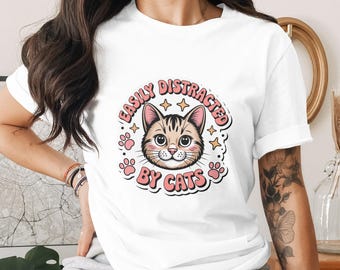 Easily Distracted by Cats PNG, Funny Cat Quote Sublimation, Retro Cat Clipart, Cat Lover Shirt Design, Pet Humor PNG