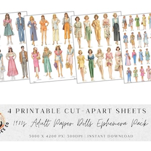 May include: Four printable sheets featuring illustrations of adult paper dolls in 1980s fashion. The text reads 4 PRINTABLE CUT-APART SHEETS, 1980s Adult Paper Dolls Ephemera Pack, 3000 X 4200 PX, 300DPI, INSTANT DOWNLOAD, and THE AGNES CO.