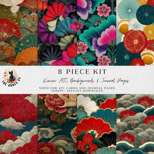 Op de afbeelding: Een 8-delige kit met Japans geïnspireerde ontwerpen. De afbeelding toont verschillende bloemen- en waaierpatronen in levendige kleuren zoals rood, blauwgroen en paars. Tekst op de afbeelding luidt "8 PIECE KIT" en "Kimono ATC Backgrounds & Journal Pages."