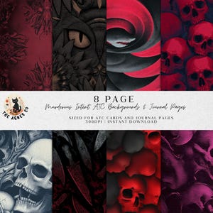 Op de afbeelding: Een digitale download van 8 pagina's met ATC-achtergronden en journaalpagina's. De ontwerpen bevatten schedels, drakenogen en abstracte patronen in rood, zwart en grijs. De tekst luidt "Murderous Intent ATC Backgrounds & Journal Pages."