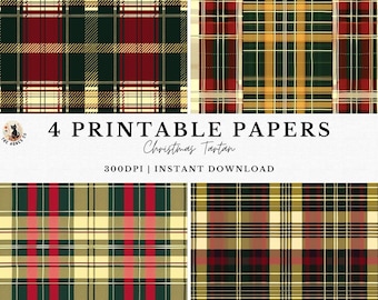 May include: Four digital printable papers featuring Christmas tartan plaid patterns in red, dark green, and cream. The text reads 4 PRINTABLE PAPERS Christmas Tartan 300DPI | INSTANT DOWNLOAD. Each square displays a distinct grid of intersecting lines.