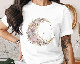 Luna bohemia PNG, sublimación de luna floral, clipart bohemio celestial, descarga digital de luna bohemia, luna cottagecore PNG