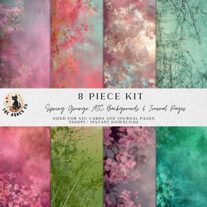 Puede incluir: Un kit de 8 piezas de fondos ATC grunge con temática primaveral y páginas de diario. Los fondos presentan diseños florales y de ramas en tonos de rosa, verde y azul. El texto de la imagen dice "8 PIECE KIT Spring Grunge ATC Backgrounds & Journal Pages".