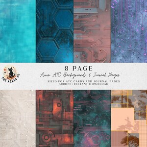 May include: A digital art print showcasing eight distinct backgrounds in blue, copper, and purple hues. The backgrounds display textures such as circuits, hexagons, and abstract designs. The text reads "8 PAGE Axion ATC Backgrounds & Journal Pages".