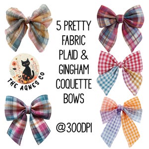 Pretty fabric plaid and gingham coquette bows, pack of 5, png, digital download, sublimation, clipart, check, colourful