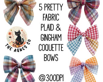 Pretty fabric plaid and gingham coquette bows, pack of 5, png, digital download, sublimation, clipart, check, colourful
