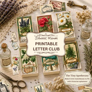 Printbare set voor een Victoriaanse apotheek | Mini-lucifersdoosjes en efemera | Interactief verhaal voor de Letter Club | Schwarz Manor SM01