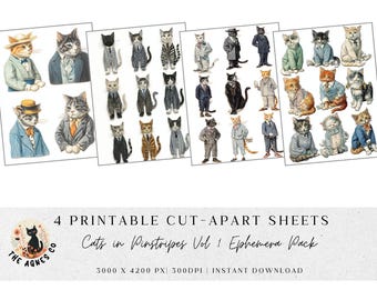 May include: Printable cut-apart sheets featuring illustrations of cats dressed in vintage pinstripe suits and outfits. The sheets include various cat breeds in different poses and attire, with the text "Cats in Pinstripes Vol 1 Ephemera Pack".