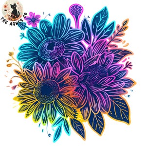 Floral Cottagecore png, Flowers png, Clipart, Spring Flowers Sublimation, Botanical Digital Download, Neon Bouquet, Summer Flower Nature 5