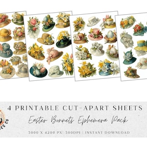 May include: Four sheets of printable cut-apart Easter bonnets ephemera. The bonnets are decorated with flowers, ribbons, and eggs in various colors. The text "Easter Bonnets Ephemera Pack" is displayed below the images. The Agnes Co. logo is in the lower left corner.