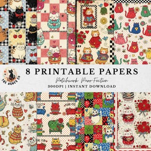 Puede incluir: Una colección digital de 8 papeles imprimibles con diversas ilustraciones de gatos, patrones florales, corazones y diseños de cuadros en una paleta colorida. El texto dice 8 PRINTABLE PAPERS, Patchwork Purr-Fection, 300DPI | INSTANT DOWNLOAD.