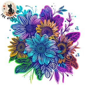 Floral Cottagecore png, Flowers png, Clipart, Spring Flowers Sublimation, Botanical Digital Download, Neon Bouquet, Summer Flower Nature 2