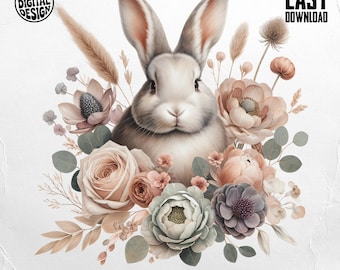 Floral rabbit png, bunny png, flower crown, animal clipart, digital download png, easter sublimation, cottagecore png, rabbit art