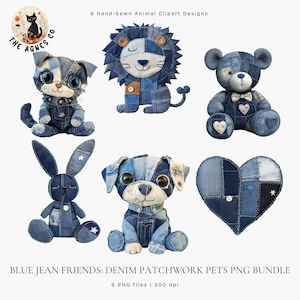 Può includere: Una collezione di sei disegni di animali patchwork in denim. I disegni includono un gatto, un leone, un orso, un coniglietto, un cane e un cuore. Il testo recita "BLUE JEAN FRIENDS: DENIM PATCHWORK PETS PNG BUNDLE" e "6 Hand-Sewn Animal Clipart Designs".