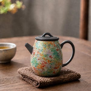 Handmade Multicolor Glaze Ceramic Teapot, Rustic Chinese Tea Pot, Monet Inspired Pottery, Oriental Tea Gift