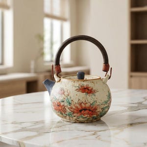 May include: A ceramic teapot with a floral design. The teapot has a cream-colored base with red and orange flowers and green leaves. It features a dark brown handle and a blue spout. The lid has a small blue knob. The teapot is sitting on a marble surface.