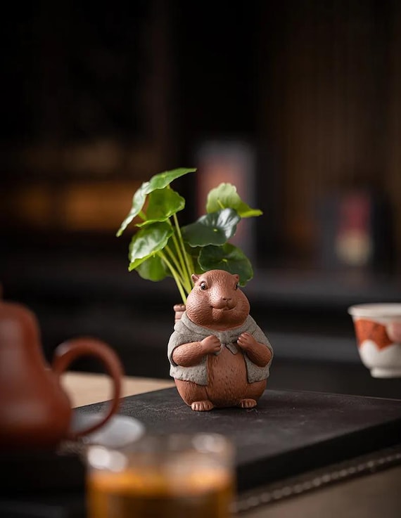 Cute Zisha Marmot Tea Pet – Handmade Purple Clay Figurine & Mini Vase, Zen Tea Table Decor Gift, Gift for her, Gift for mom
