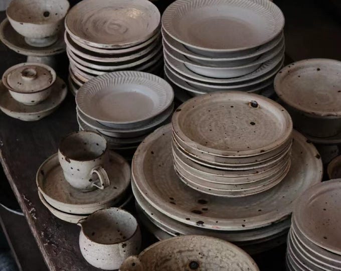 Handmade Ceramic Bowl & Plate Set, Powder Glaze Rustic Dinnerware, Vintage Speckled Zen Pottery, Wabi-Sabi Kitchen Gift, Gift for Mom