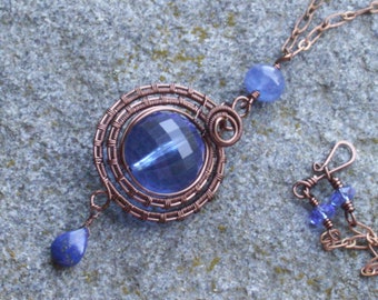 Copper Swirl Necklace ... vivid blue vintage lucite, lapis lazuli, corundum    wire weaving