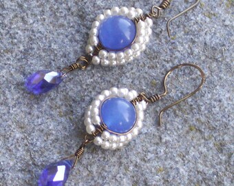 Dark blue chalcedony, pearl, and blue crystal bronze earrings
