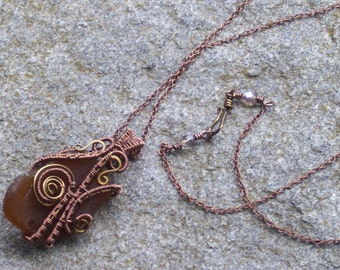 Brown sea glass   bronze wire wrapped pendant reversible pendant   seaglass