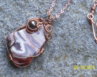 Agate  copper wire wrapped pendant    freshwater pearl