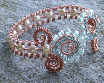 Copper Wire work Bracelet    wire weaving with pearls, and glass beads   opalescent, turquoise, and aqua