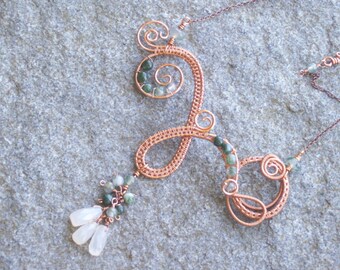 Copper wire work necklace  ... wire weaving with moss agate and chalcedony