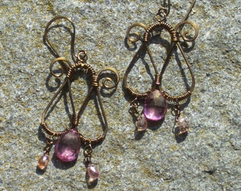 Bronze, pink quartz, and spinel earrings