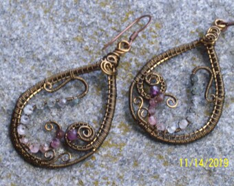 Bronze and spinel wirework earrings garnet