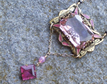 Art Nouveau assemblage necklace   Pink glass art nouveau brooch  repurposed  czech  peach opalescent magenta