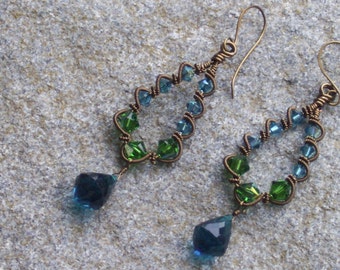 Vintage inspired bronze wire wrapped earrings with deep turquoise and green crystals and teal blue quartz briolette